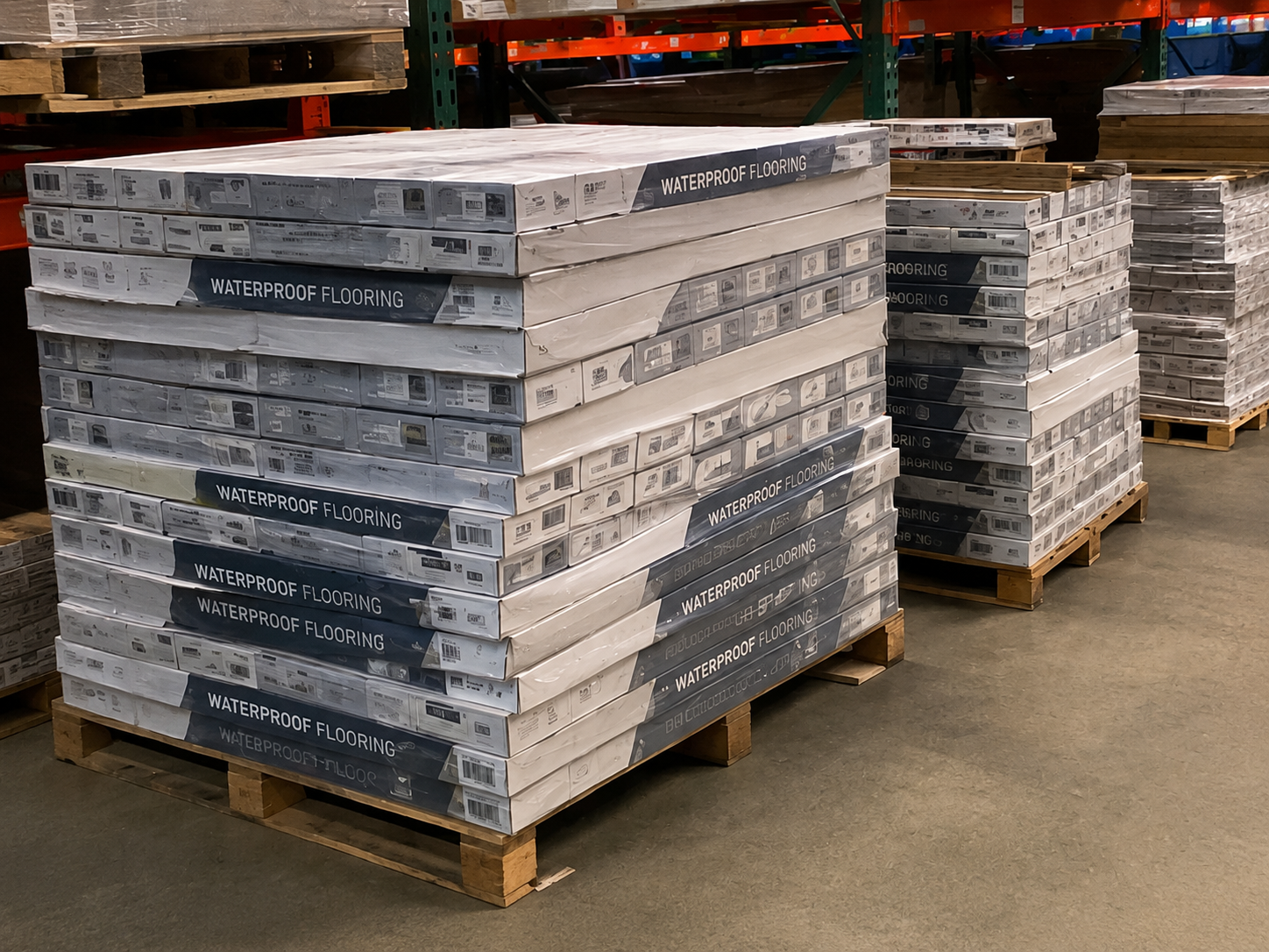 Flooring boxes stacked on pallets ready to ship